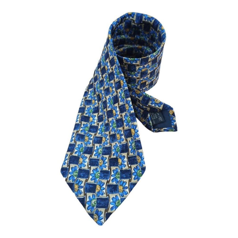 ERMENGILDO ZEGNA Blue Geometric Floral Silk Tie ITALY 59"/ 4"  EC - Picture 2 of 7
